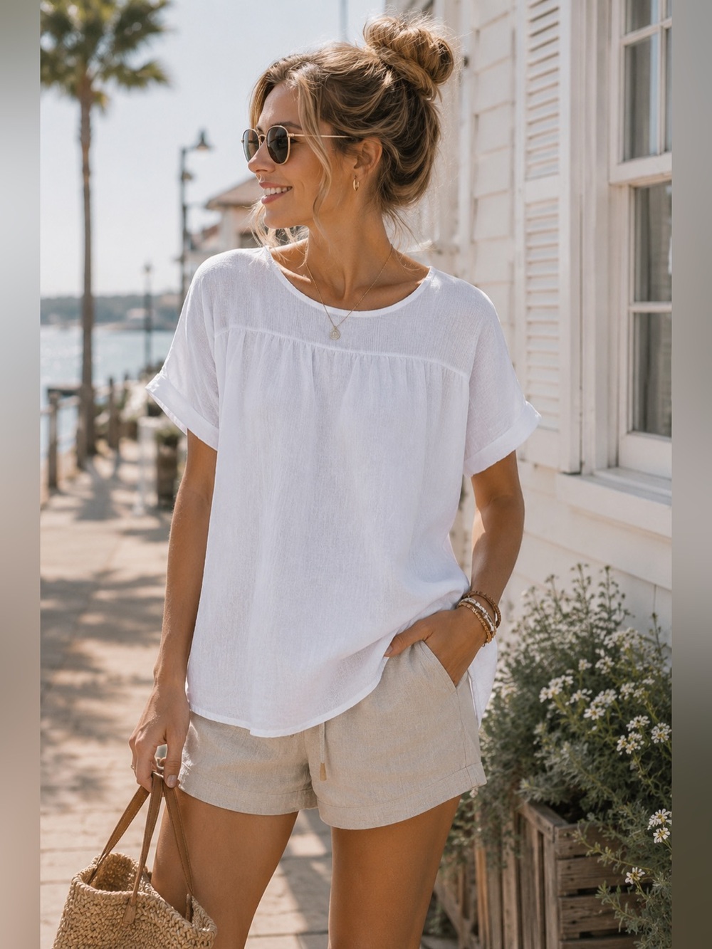 Bella Umbra Linen Blend Top Sz  Lg Effortless Coastal Classic White cap sleeve